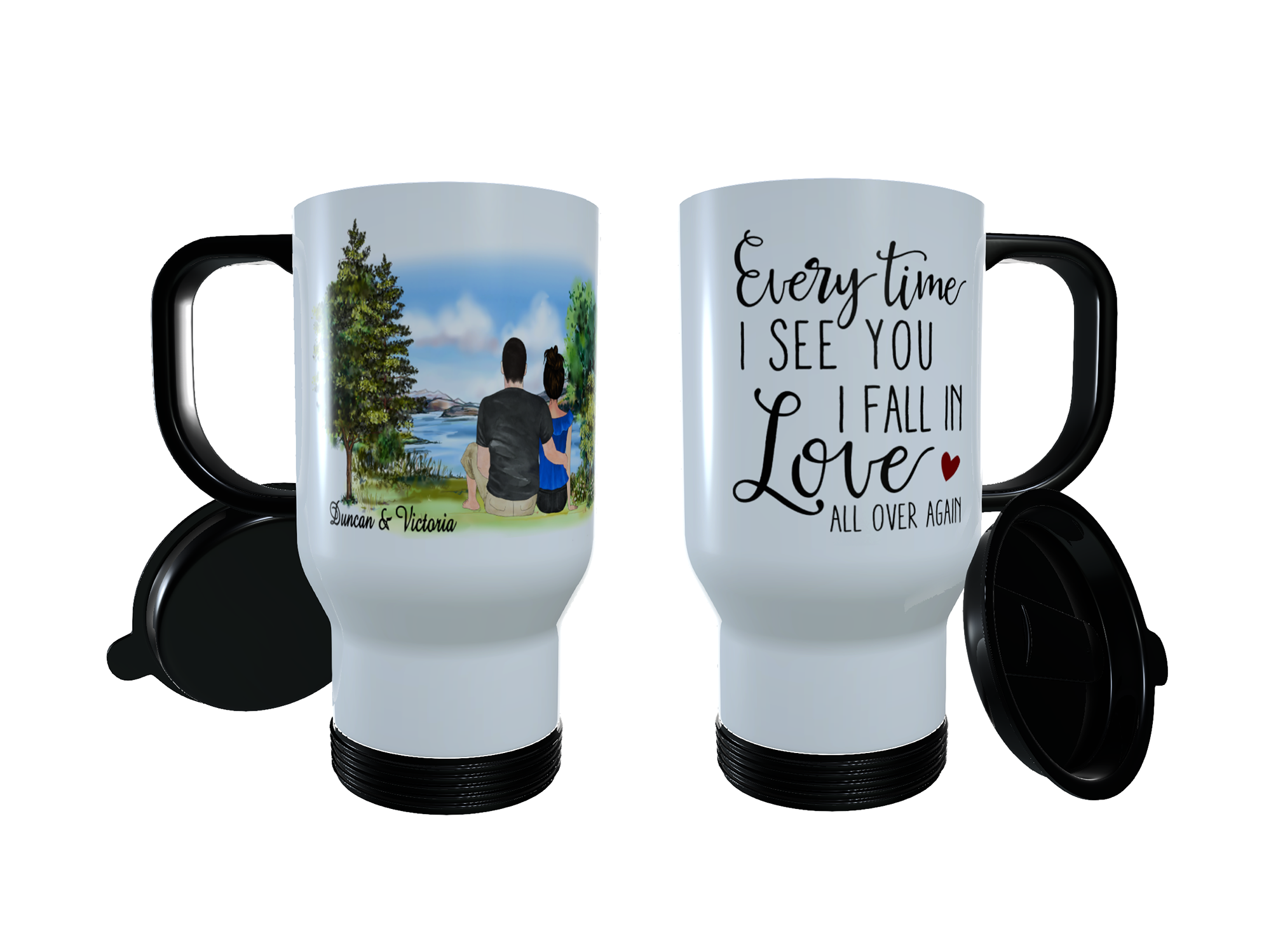 Romantic Couple Lakeside Travel Mug, Custom Couples Thermos Mug,